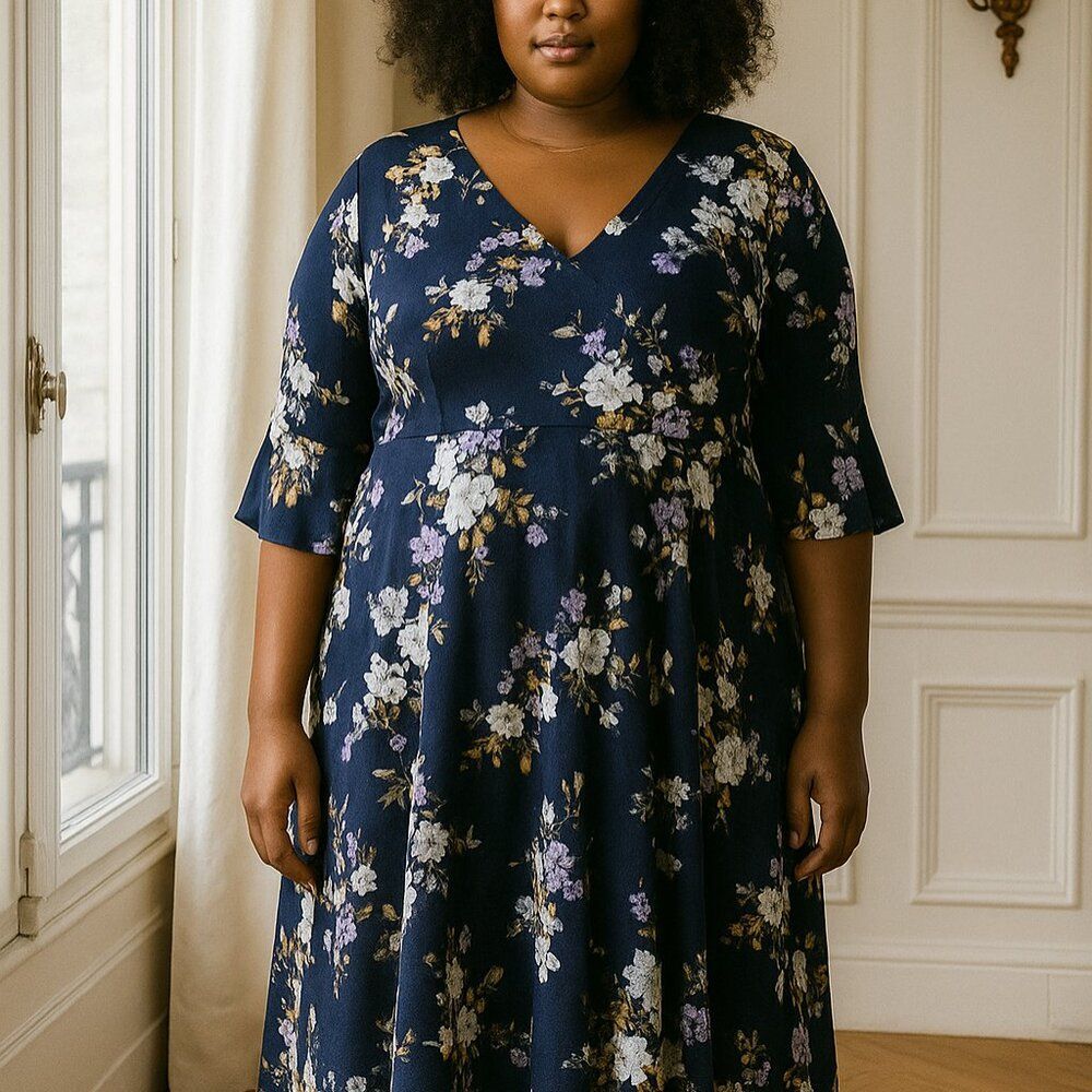 NWT Cameo Appearance Navy Floral Bell Sleeve Dress Lined Plus Size 2X